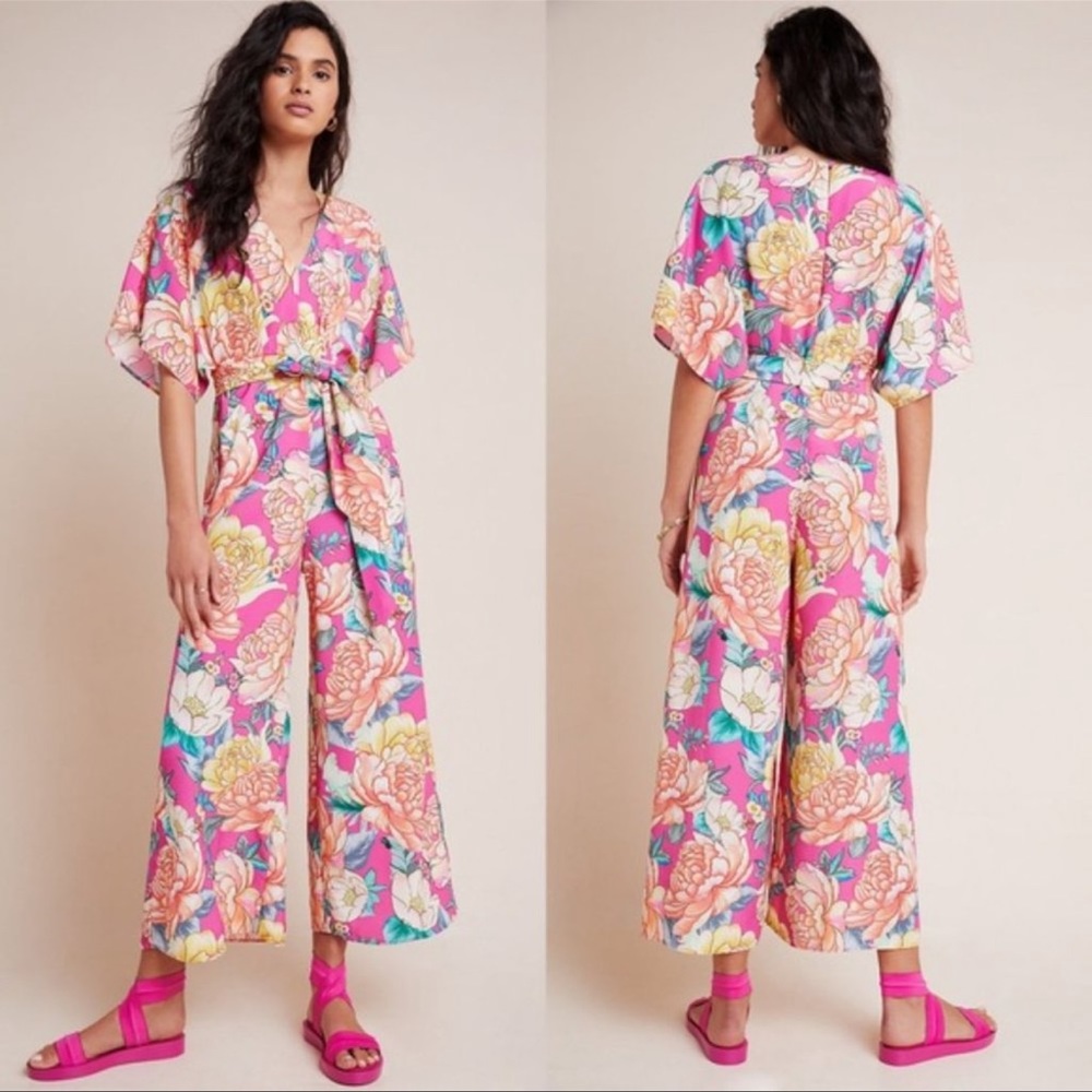NWT Farm Rio Eulalie Floral Pink Jumpsuit Wide Leg Pockets V Neck Crop Sz S - Picture 2 of 10
